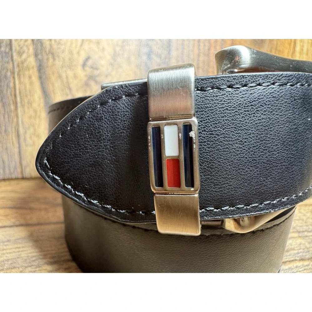 Men's Black Brown Reversible Belt Sz M‎ 26-28 Silver Buckle Tommy Hilfiger Style